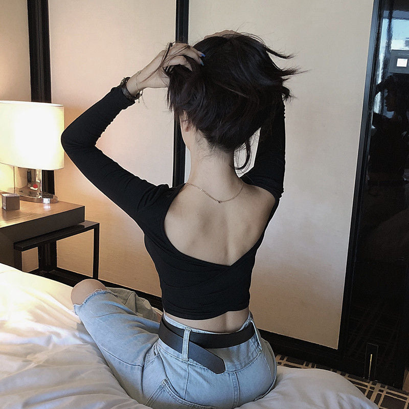 Back-exposed Long-sleeved T-shirt Women's Autumn Sexy Skinny V-neck Cropped Top